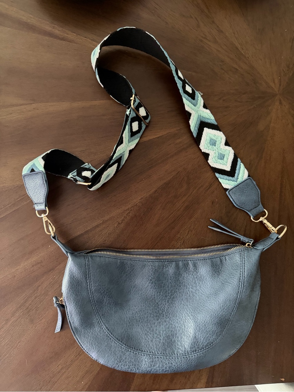 Slate Blue Leather Crossbody Bag with Removable Patterned Mint Strap